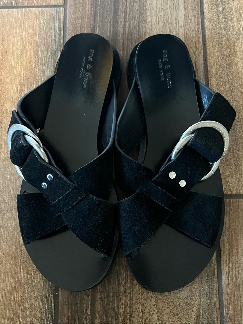 rag & bone Black Suede Buckle Crisscross Mules